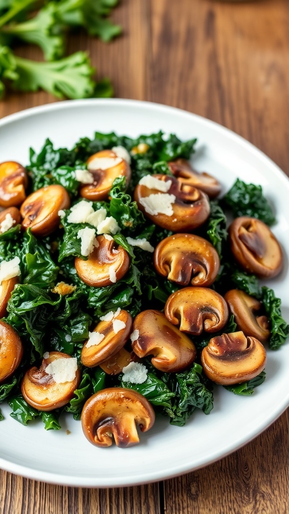 Sautéed kale and mushrooms garnished with Parmesan cheese on a rustic wooden table.